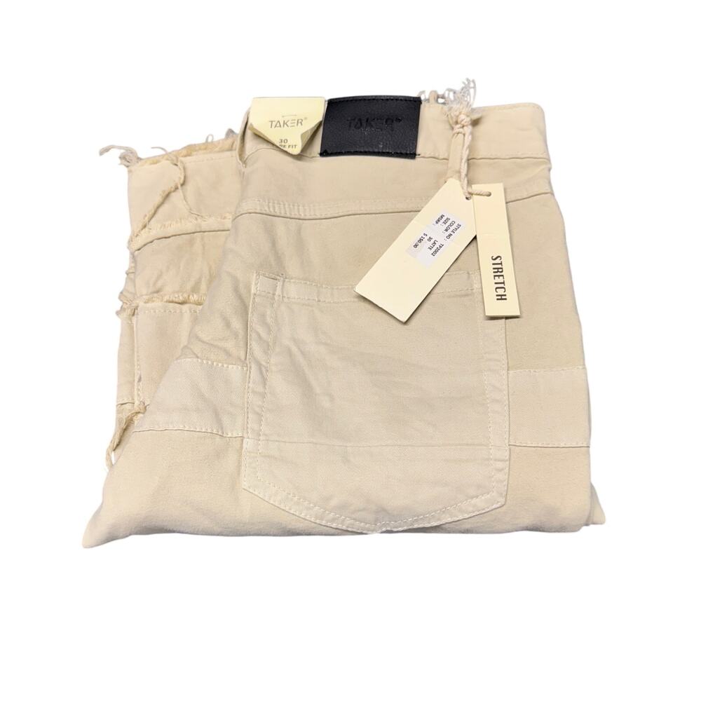Taker Stacked Jeans Mens 30 (31x34 ACTUAL) Cream Flare Fit Distressed Denim NEW